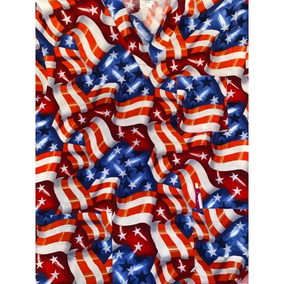 Peaches Patriotic Flag Medical V Neck Scrub Top - Picture 7 of 8